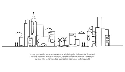 Cityscape line design. Beautiful city view. Decorative elements drawn one continuous line. Vector illustration of minimalist style on white background.