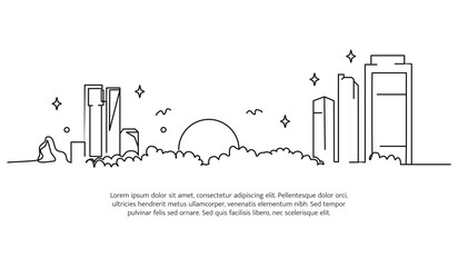 Cityscape line design. Beautiful green city view. Decorative elements drawn one continuous line. Vector illustration of minimalist style on white background.