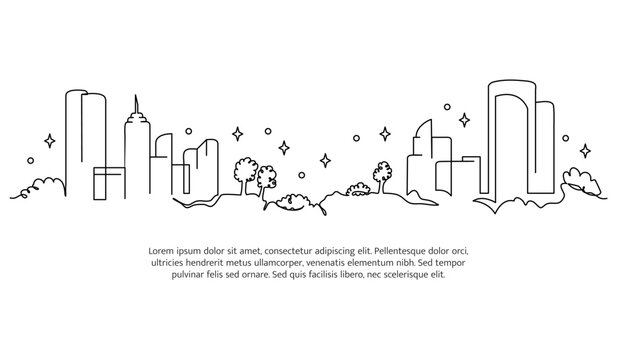 Cityscape line design. City view decorative elements drawn one continuous line. Vector illustration of minimalist style on white background.