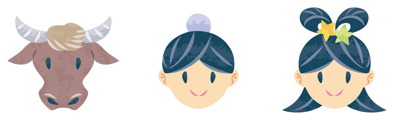 7月　七夕まつり　織姫と彦星と水牛の顔　イラスト素材	