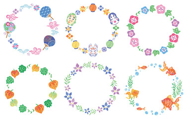 夏祭り　和風　イラスト丸フレームセット	