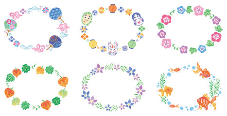 夏祭り　和風　イラスト丸フレームセット　横
