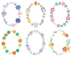 夏祭り　和風　イラスト丸フレームセット　縦	