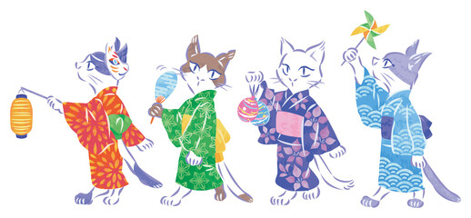 夏祭り　浴衣の猫　イラストセット