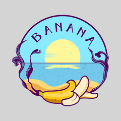 Fototapeta premium Beach scene simple illustration logo with banana