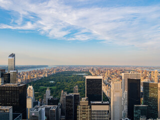 Sunset aerial view of New York City cityscape