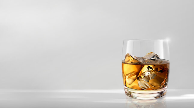 Glass of whiskey on white room floor. 3d render