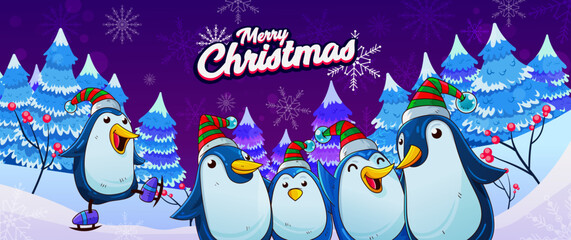 Christmas illustration with penguins and snow background.