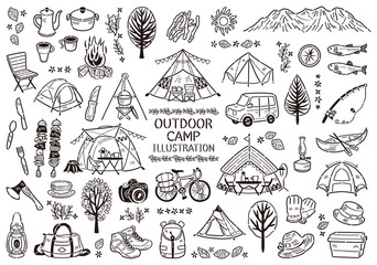 Loisirs en plein air camping icône illustration ensemble dessin au trait