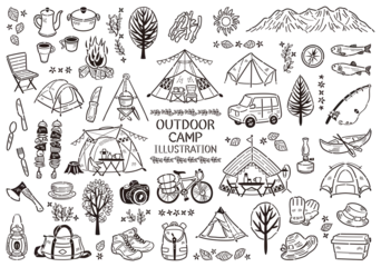 Cercles muraux Camping Loisirs en plein air camping icône illustration ensemble dessin au trait