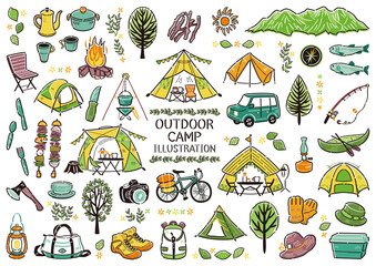 アウトドア　レジャー　キャンプ　アイコン　イラストセット　線画