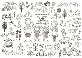 夏のアウトドア　レジャー　キャンプ　家族　アイコン　イラストセット　線画