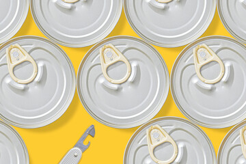 Canned food and swiss army knife on yellow background.