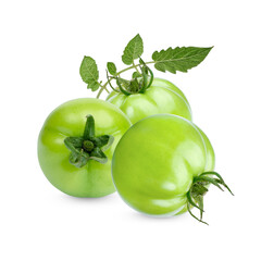Fresh green tomatoes with leaves isolated on transparent background (.PNG)