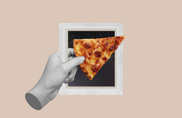 Digital collage, Hand holding slice of pizza, with picture frame	
