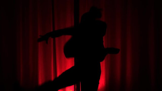 Silhouette of Attractive Body Shape with Fluttering long Hair with red back light Background, Concept of sexy girl focus attention on dance. jerky movements dance.