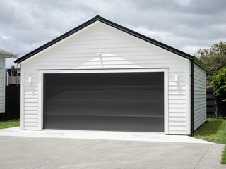 Double detached white garage with black tilt-up retractable raised panel metal door and gable metal...