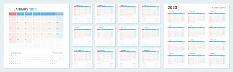 2023 Planner Calendar week start Sunday corporate design template vector.
