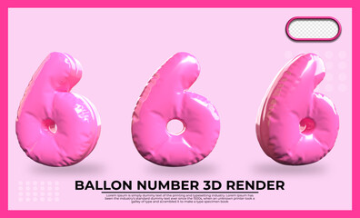 Bundle of 3D Render number 6 balloon color pink transparent 