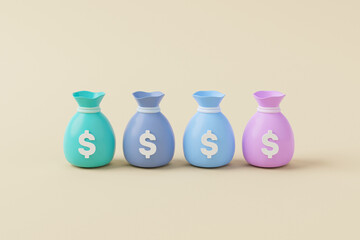 Money bag with icon dollar currency on background. Save money and investment concept. 3d render illustration