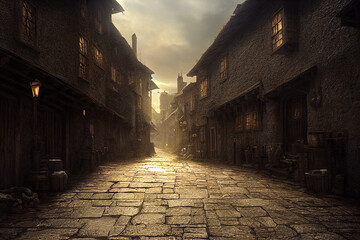 A beautiful fantasy matte painting of an alley in a Tolkien-like village.  - obrazy, fototapety, plakaty
