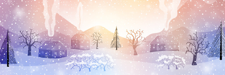 Dreamy winter landscape, small village, snowfall, vector illustration