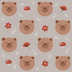 seamless pattern with teddy bearsmushroom flower leaves