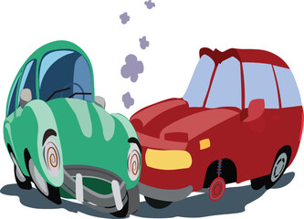 car accident for insurance claim illustration concept. Two cartoon car smash with smoke isolated on transparent background