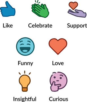 New Linked In Reactions. Social Network icon set. Like, celebrate, support, funny, love, insightful, curious, linkedin, linked in