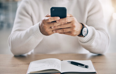 Closeup, man typing and phone in office for communication, social media or email on web app. Hands,...