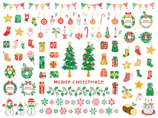 クリスマスツリー　リース　プレゼント　イラスト素材セット	
