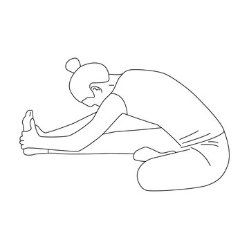 recommend clip art: Line art of woman doing Yoga in one leg forward fold pose vector. Girl sitting on the floor and stretching her right leg.
