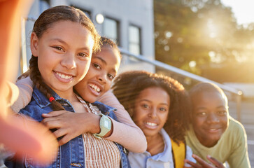 Girls, boy and bonding diversity selfie on community school, education or learning campus social media, about us or memory. Portrait, smile and happy children, students or friends in photography pov