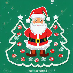 Cute sticker with christmas tree and santa claus