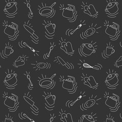 doodle white background dark with dishes, background, pattern for cafes, canteens, restaurants, banner, poster