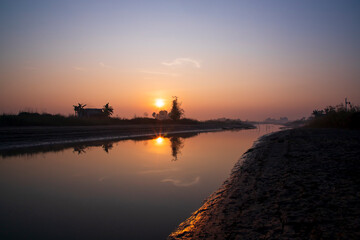 Beautiful Golden hour Sunrise landscape view near the Padma river in Bangladesh
