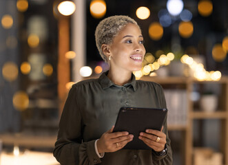 Night, tablet and business black woman in digital marketing for innovation planning, online...