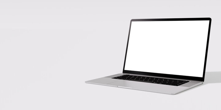 laptop mockup. Laptop in angled position with blank screen isolated on white background. copy space, 3d illustration
