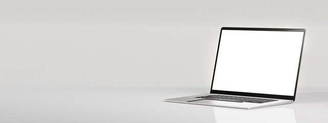 Laptop with blank screen on white table on grey background. Modern Laptop mockup. Wide web banner....