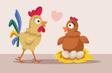 Rooster and Hen Starting a Family Together Vector Cartoon. Domestic bids in a romantic relationship
