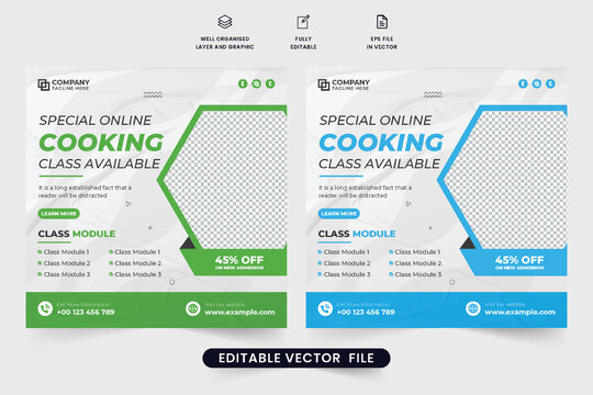 Special online cooking course promotional poster design with creative shapes. Culinary training center social media promotion template vector. Online cooking class web banner design for marketing.