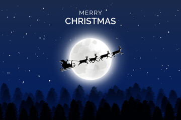Obraz na płótnie Canvas merry christmas background with ligntning moon and flying santa claus and deers on the sky