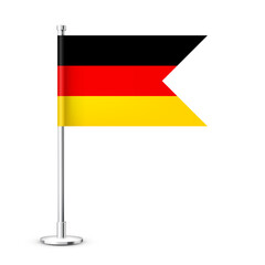 Realistic German table flag on a chrome steel pole. Souvenir from Germany. Desk flag made of paper or fabric and shiny metal stand. Mockup for promotion and advertising. Vector illustration
