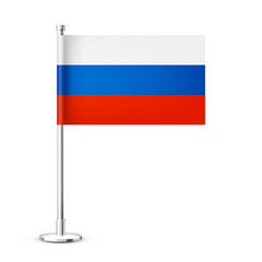 Realistic Russian table flag on a chrome steel pole. Souvenir from Russia. Desk flag made of paper or fabric and shiny metal stand. Mockup for promotion and advertising. Vector illustration