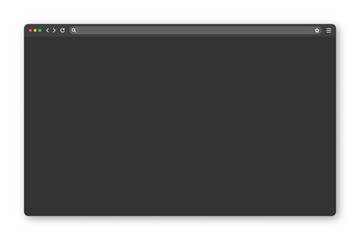 Blank web browser window with toolbar and search field. Modern website, internet page in flat style. Browser mockup for computer, tablet and smartphone. Dark mode. Vector illustration