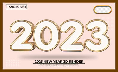 3D 2023 new year white, goldwhite abstract transparent background