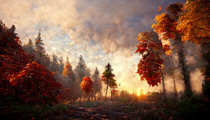 Fall Landscape in Forest at Sunset, AI Generated Illustration