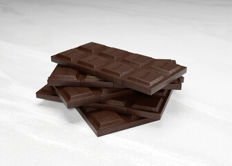 3D rendering dark chocolate bar on white marble background