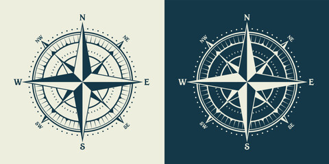 Vintage marine wind rose, nautical chart. Monochrome navigational compass with cardinal directions of North, East, South, West. Geographical position, cartography and navigation. Vector illustration. - obrazy, fototapety, plakaty