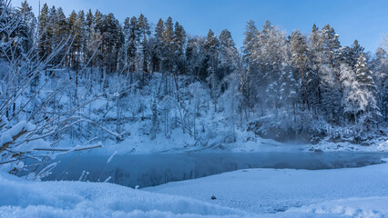 Fototapeta na wymiar Steam rises over the blue ice-free river. There is a fluffy hoarfrost on the shore and tree branches. Reflection. Coniferous trees of the taiga against the blue sky. Altai. Katun